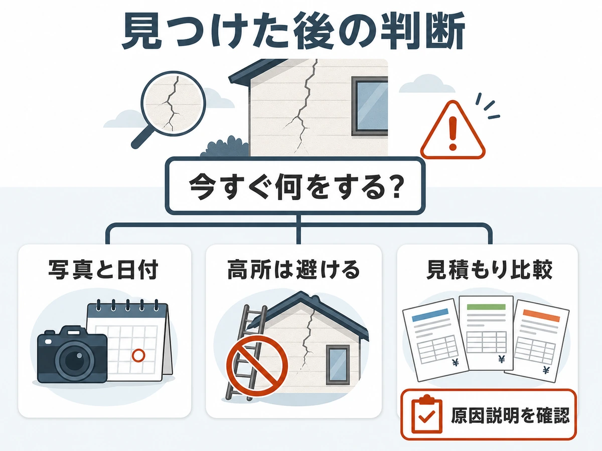 外壁ひび割れを見つけた後に写真記録や見積もり比較を行う判断図