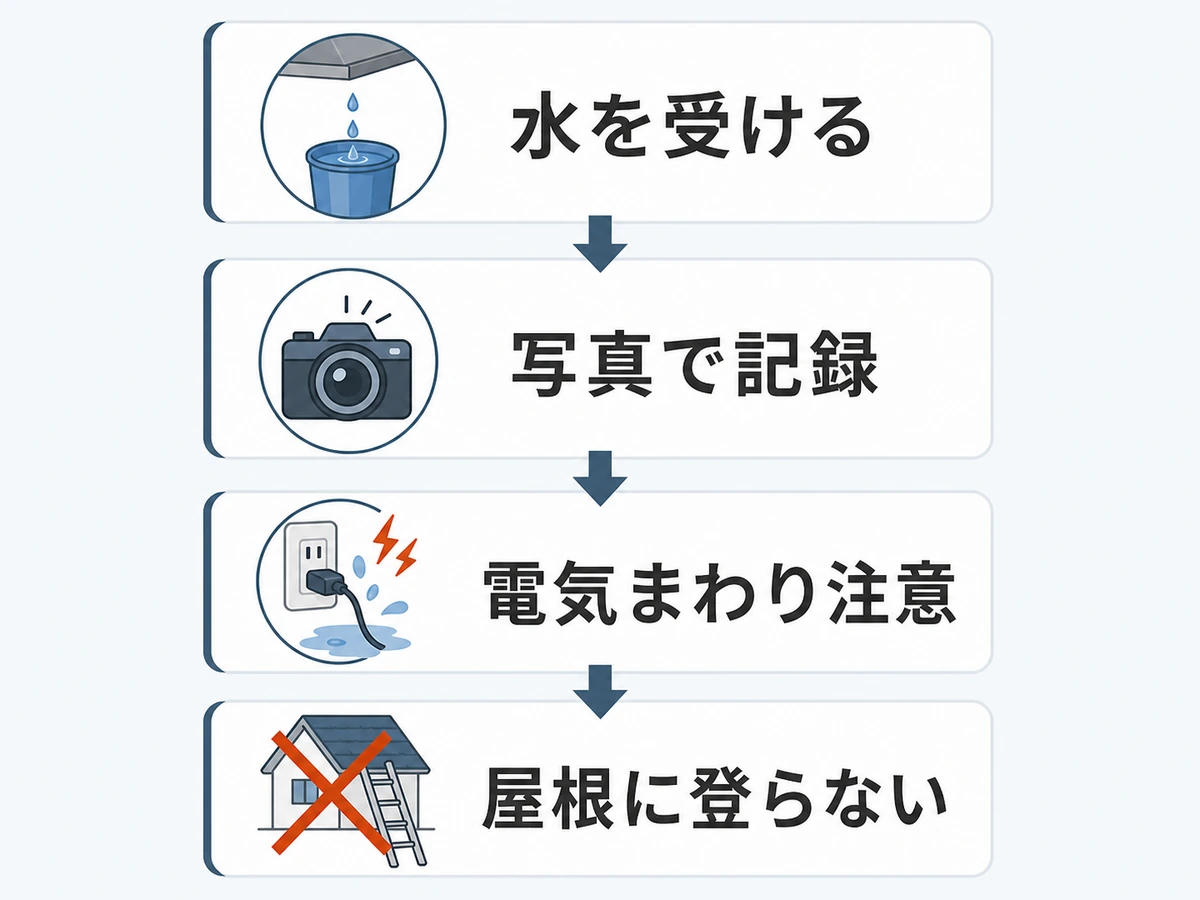 1階の雨漏りで最初に行う水受け、写真記録、電気安全、屋根に登らない確認順