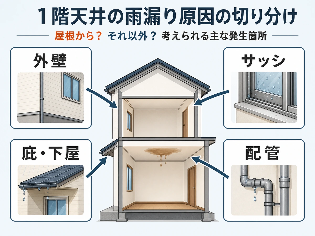 1階の雨漏りで疑う外壁、サッシ、庇・下屋、配管の原因候補