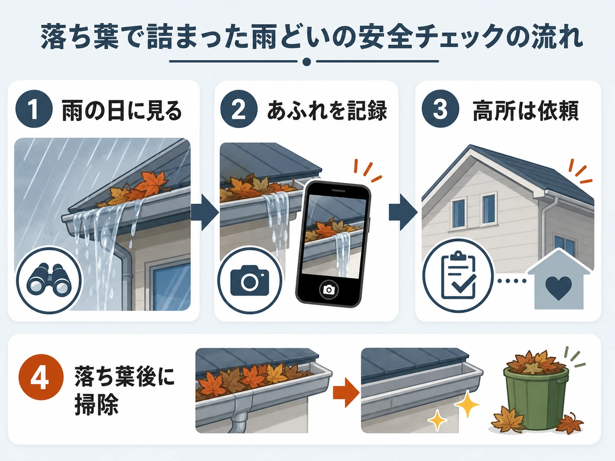 雨の日に雨樋のあふれを地上から見て記録し、高所は依頼する確認順