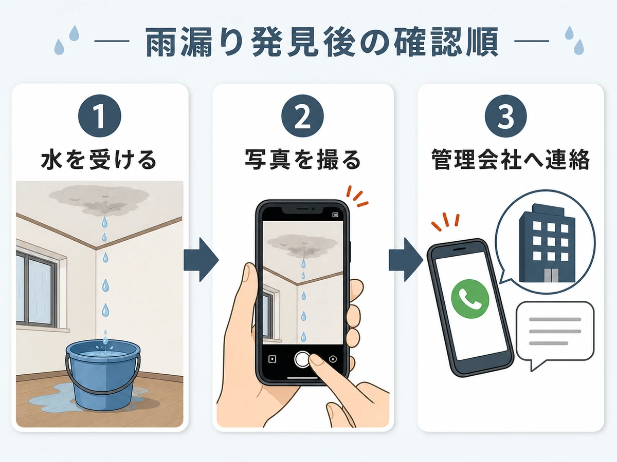 雨漏り発見後に水を受け、写真を撮り、管理会社へ連絡する確認順