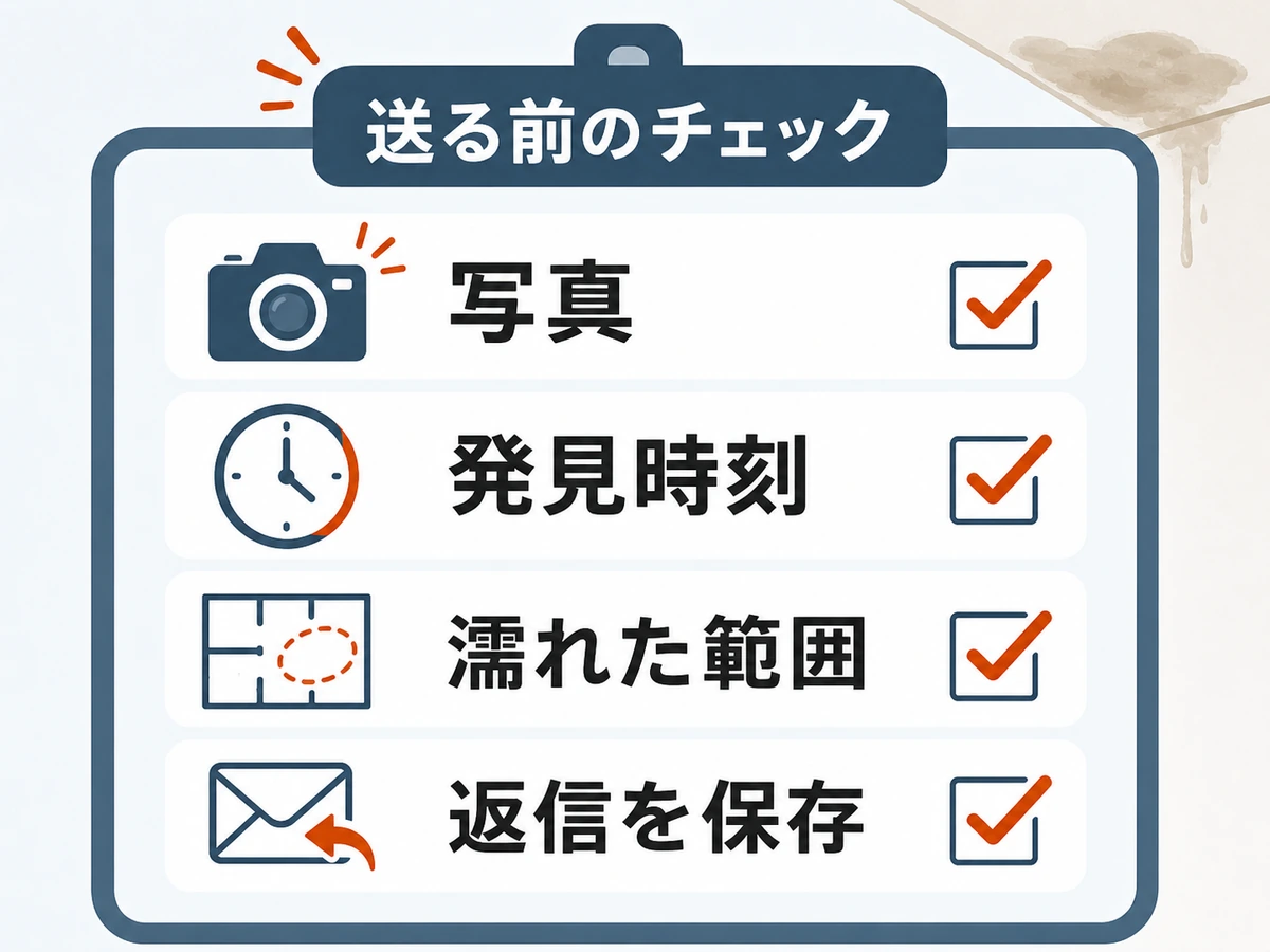 雨漏りを管理会社へ送る前に写真・発見時刻・濡れた範囲・返信保存を確認するチェック図