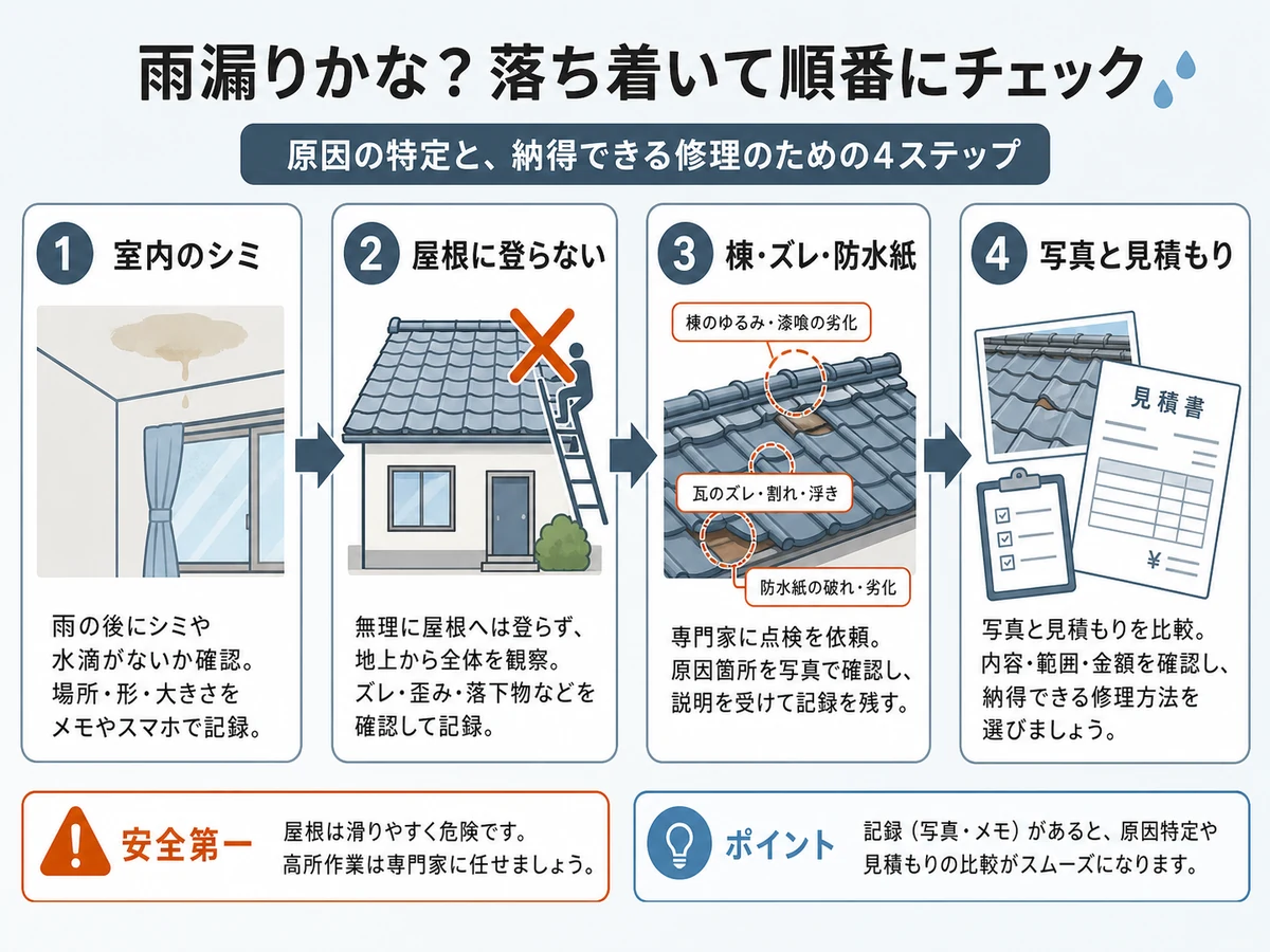 瓦屋根の雨漏りで室内のシミ確認から写真と見積もり比較までの安全な確認順を示す図解