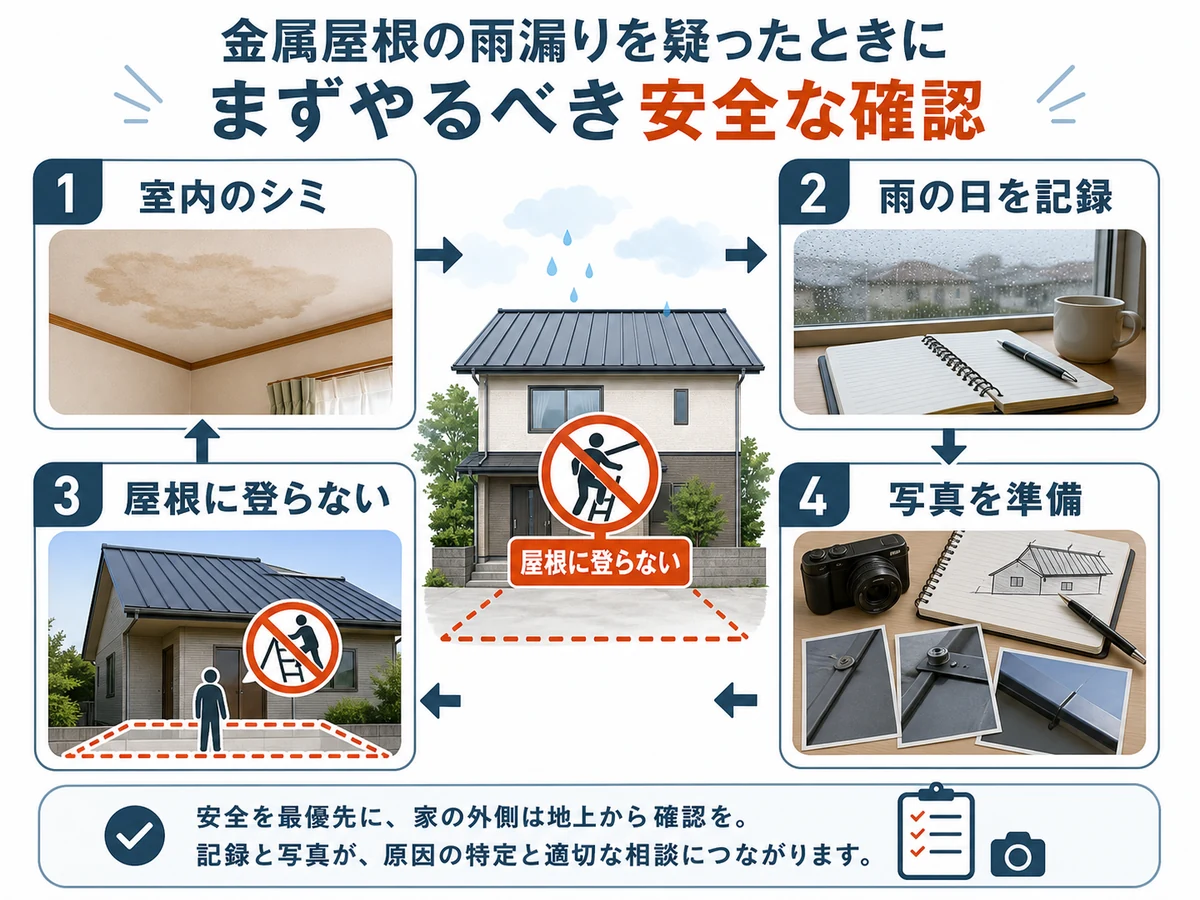 金属屋根の雨漏りを疑ったときに屋根へ登らず確認する流れ