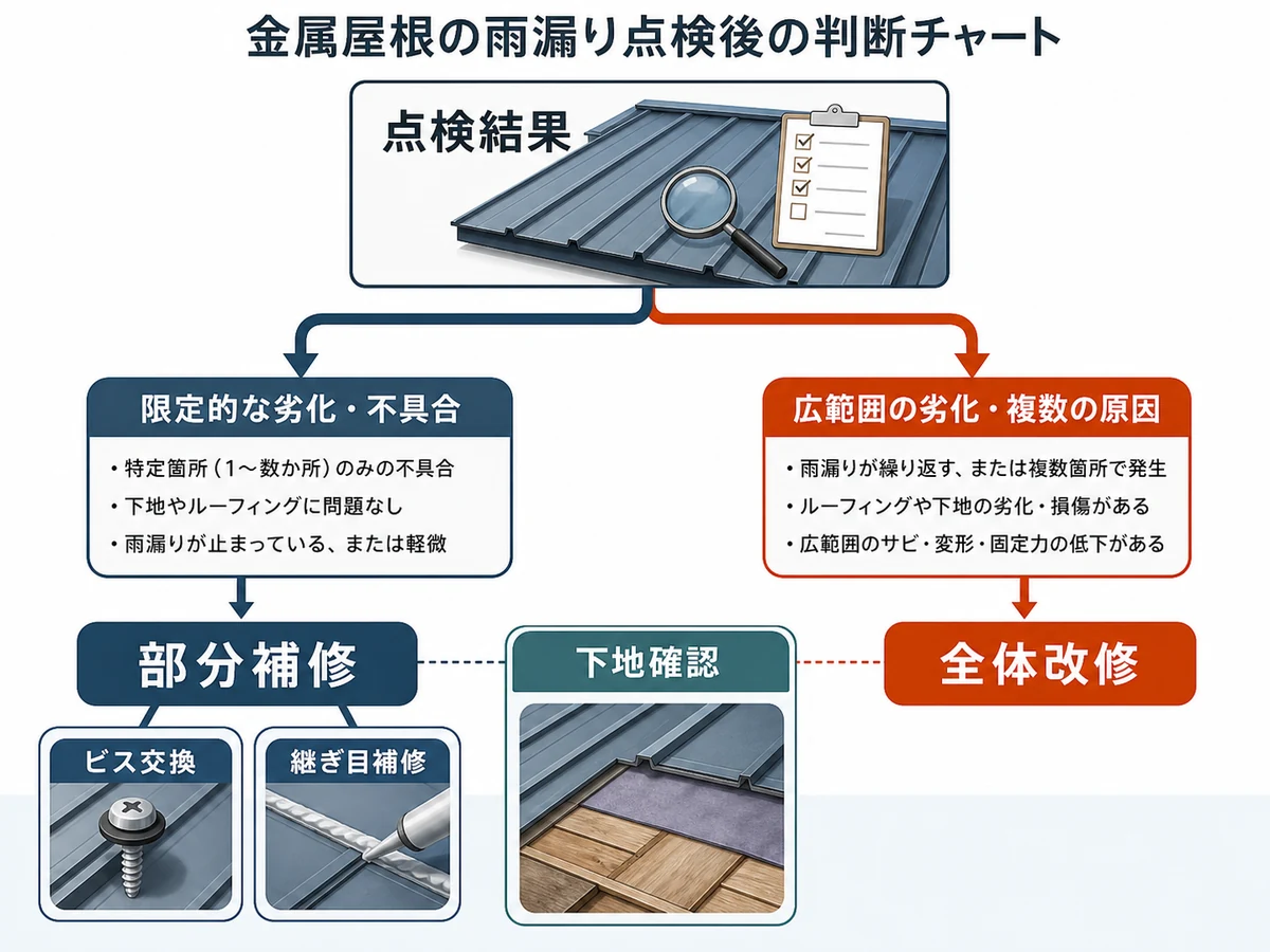 金属屋根の雨漏りで部分補修と全体改修を判断する分岐図