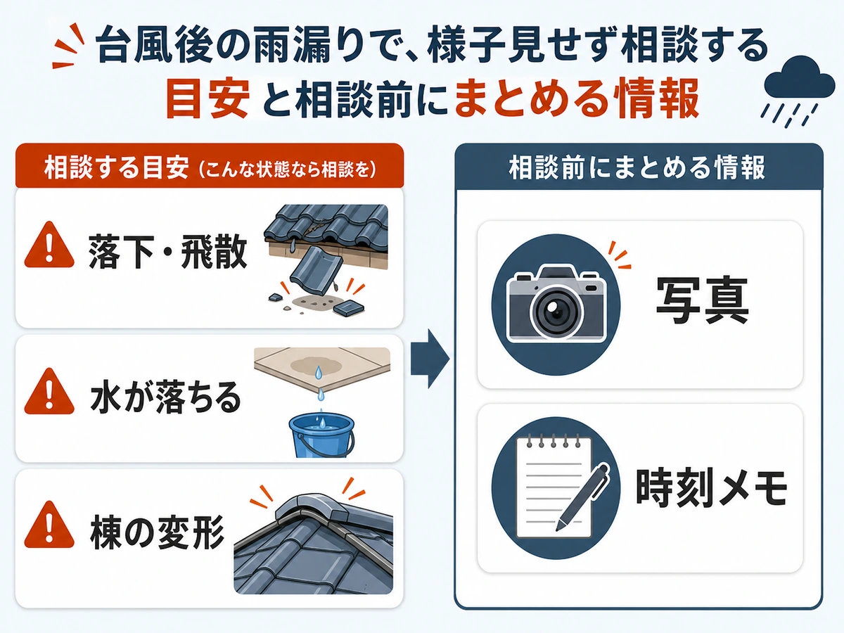 台風後の雨漏りで相談する目安と記録する情報
