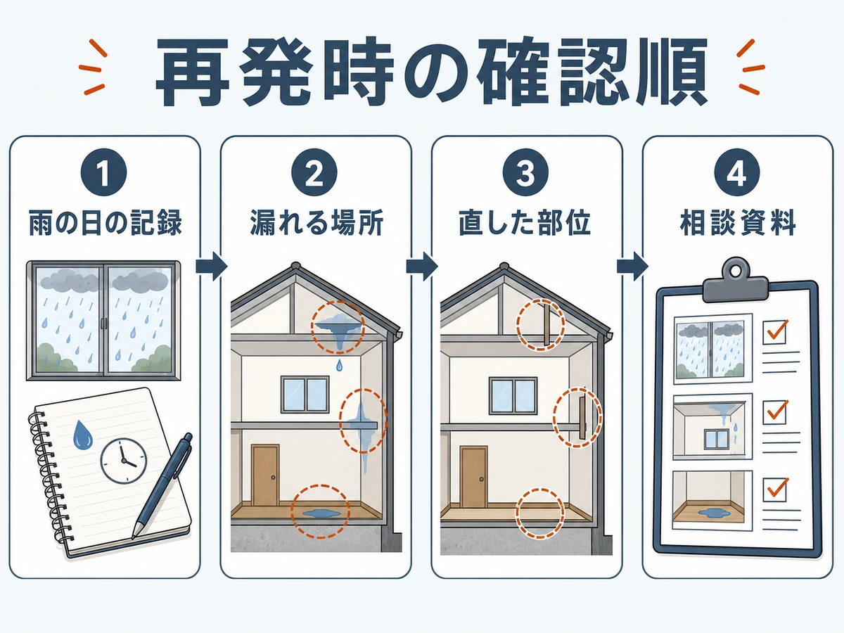 雨漏り再発時に記録する順番を示す図解