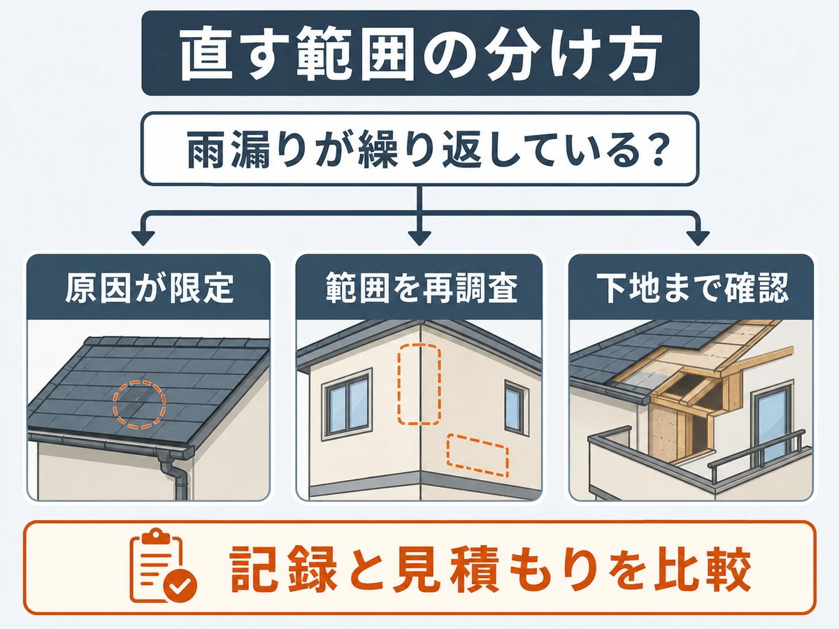 雨漏り再発時に補修範囲を分ける考え方を示す図解