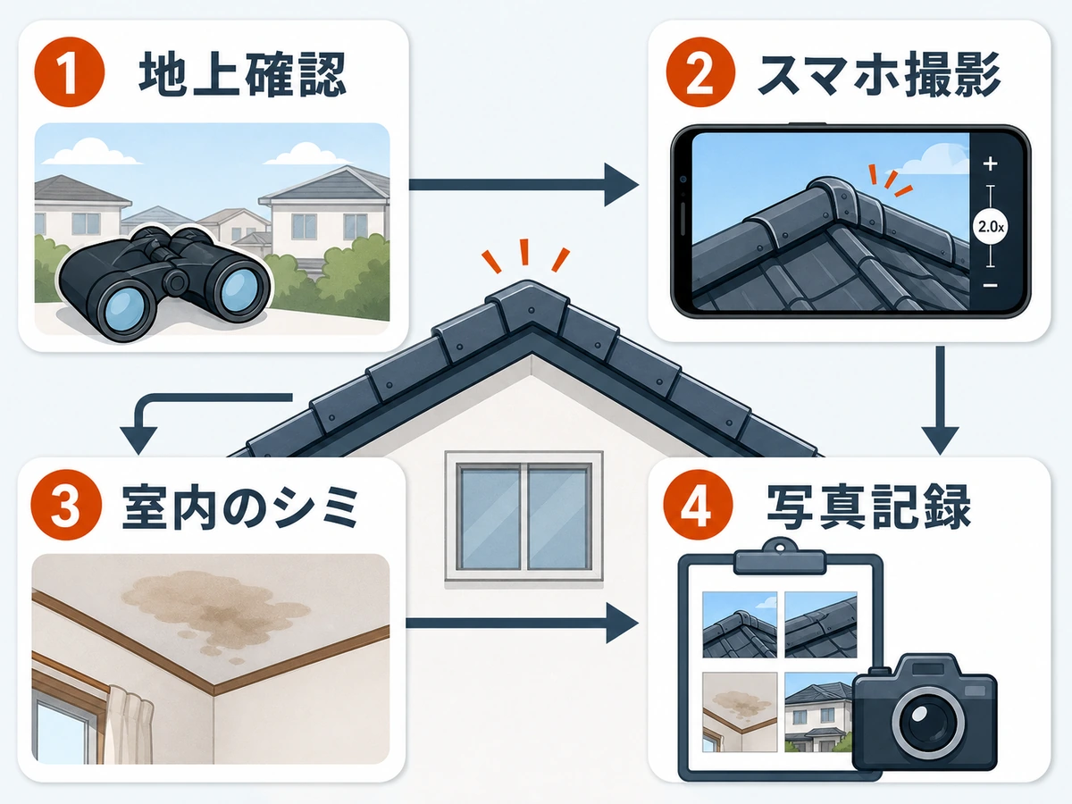 棟板金の浮きを地上から確認する順番