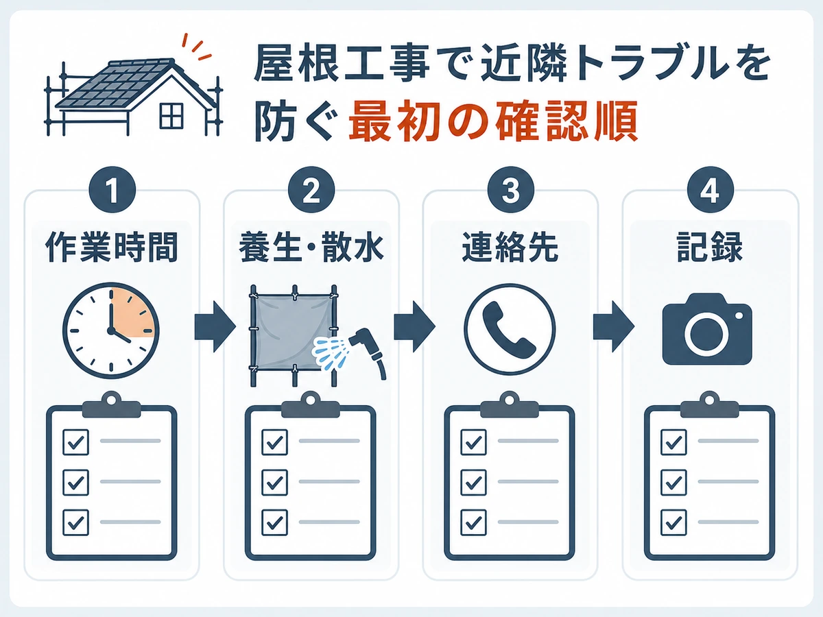 屋根工事前に確認する作業時間、養生・散水、連絡先、記録の流れ