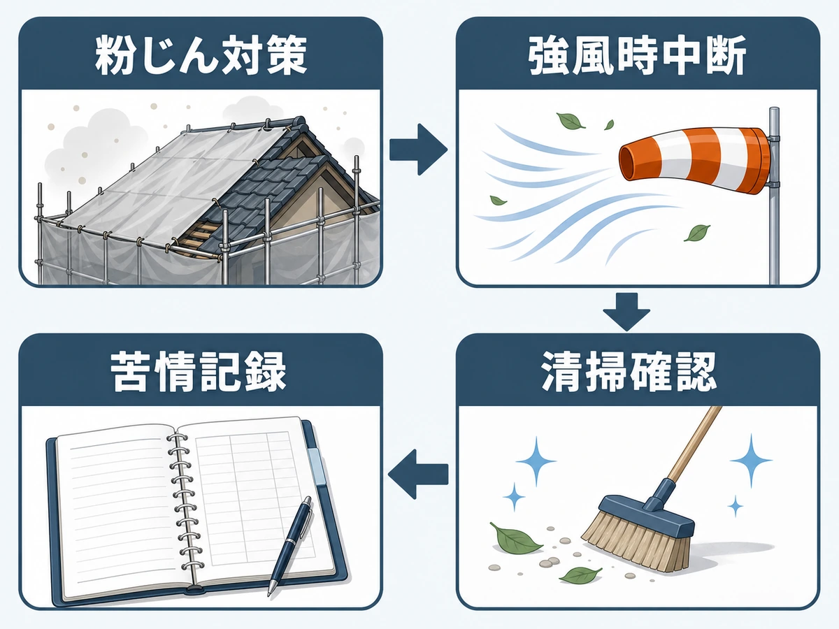 粉じん対策、強風時中断、清掃確認、苦情記録の判断ポイント