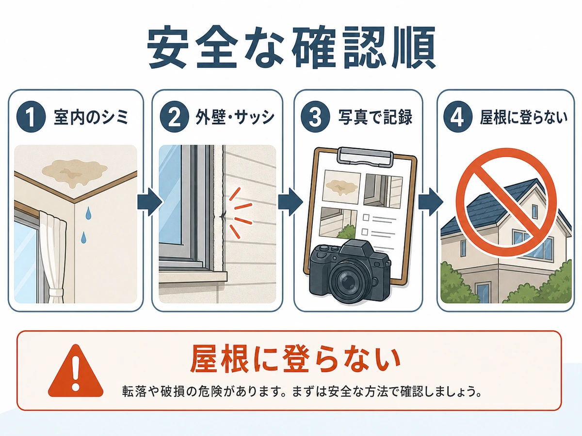 屋根に登らず雨漏りとコーキング劣化を確認する順番を示す図