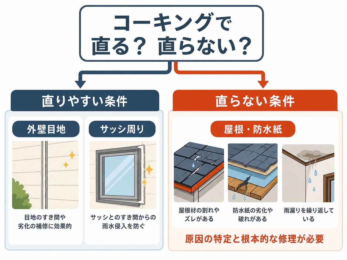 コーキングで直りやすい雨漏りと直りにくい雨漏りの条件を分けた図