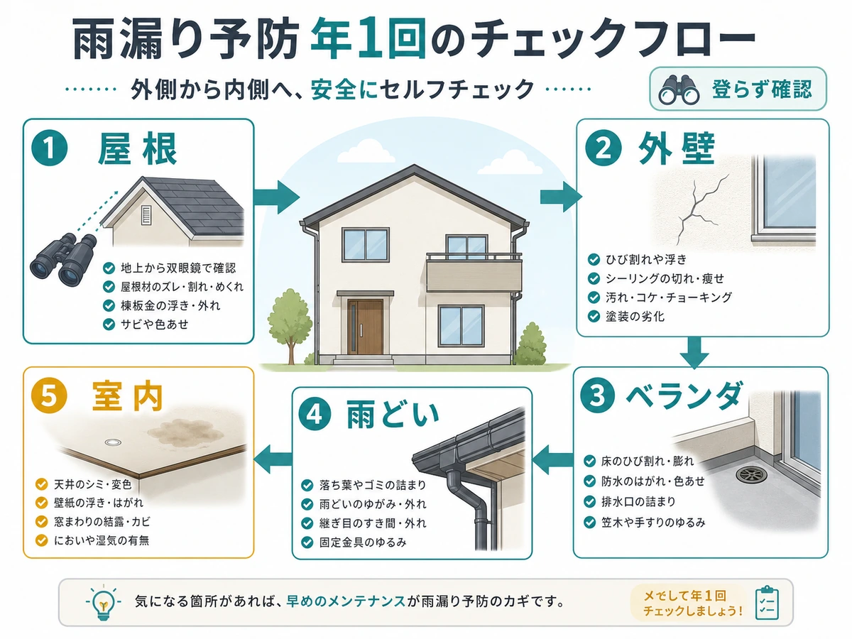 雨漏り予防の点検順を屋根、外壁、ベランダ、雨どい、室内で示す図解