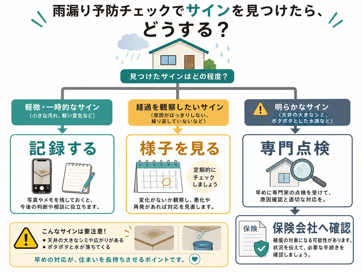 雨漏り予防点検でサインを見つけた後の記録、様子見、専門点検、保険確認の判断図