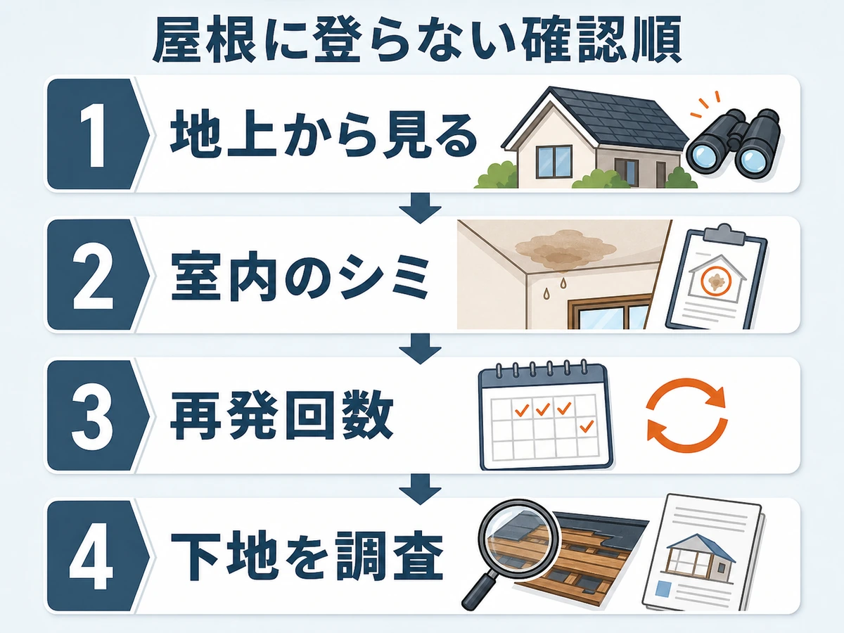 屋根に登らず修理範囲を確認する順番を示す図