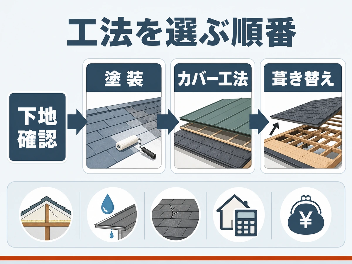 屋根の塗装、カバー工法、葺き替えを選ぶ順番を示す図