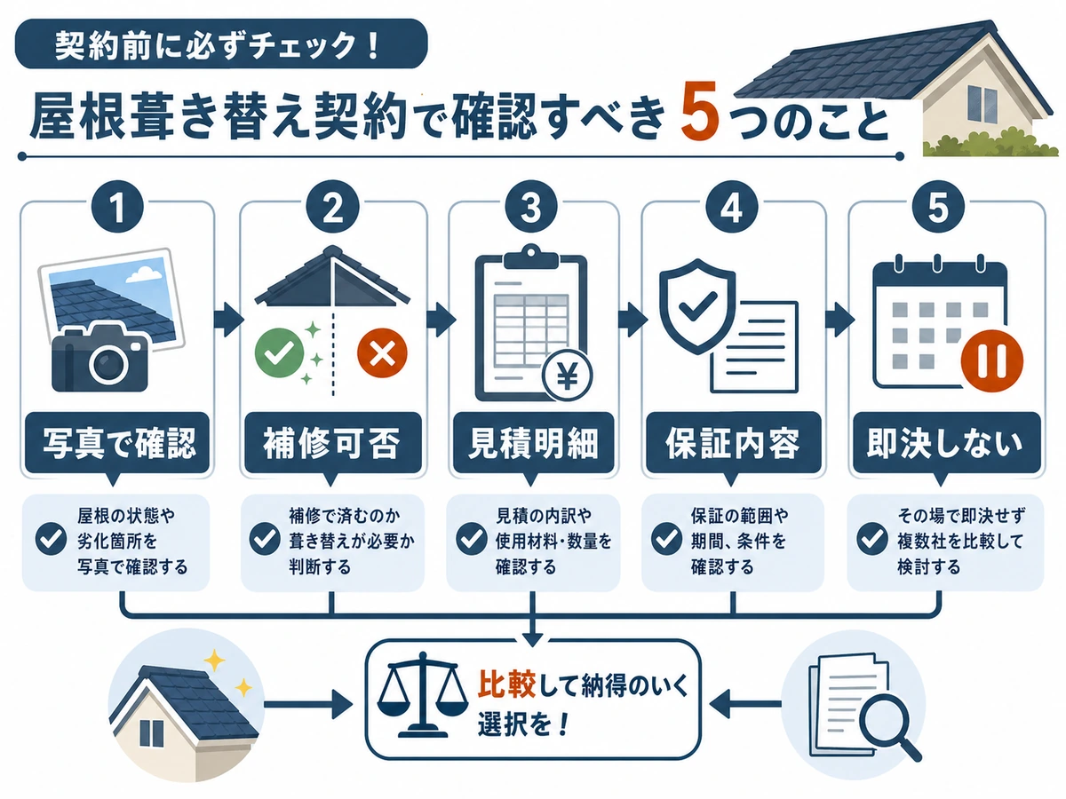 屋根の葺き替え契約前に確認する写真・見積明細・保証の流れ