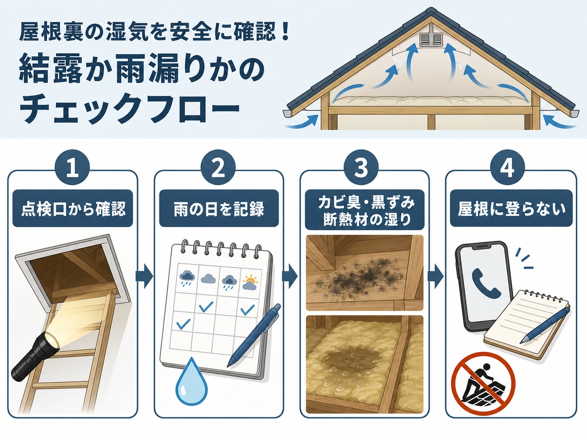 屋根裏の湿気を安全に確認する手順の図解