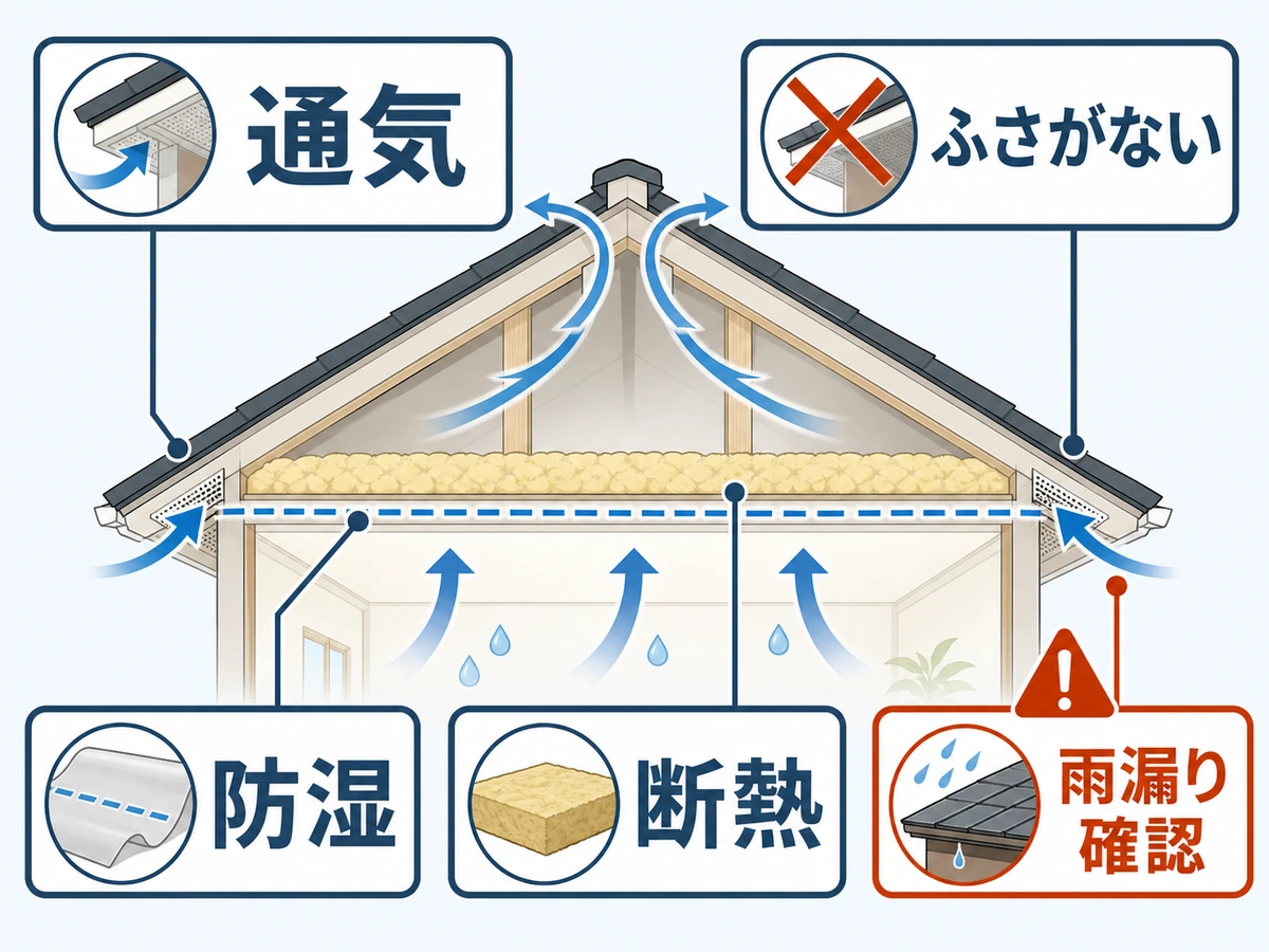 通気・防湿・断熱・雨漏り確認を分けた屋根裏換気対策の図解