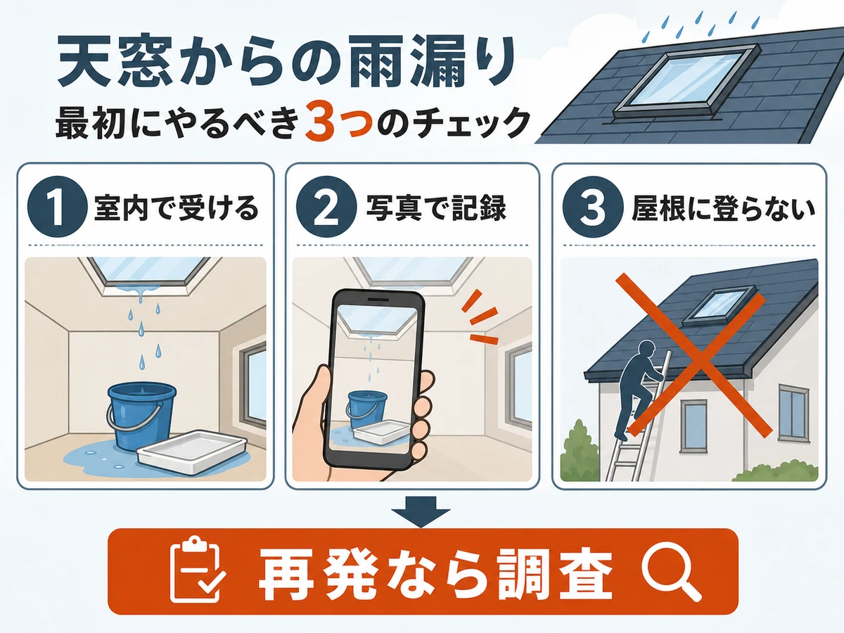 天窓の雨漏りでコーキング前に確認する流れ
