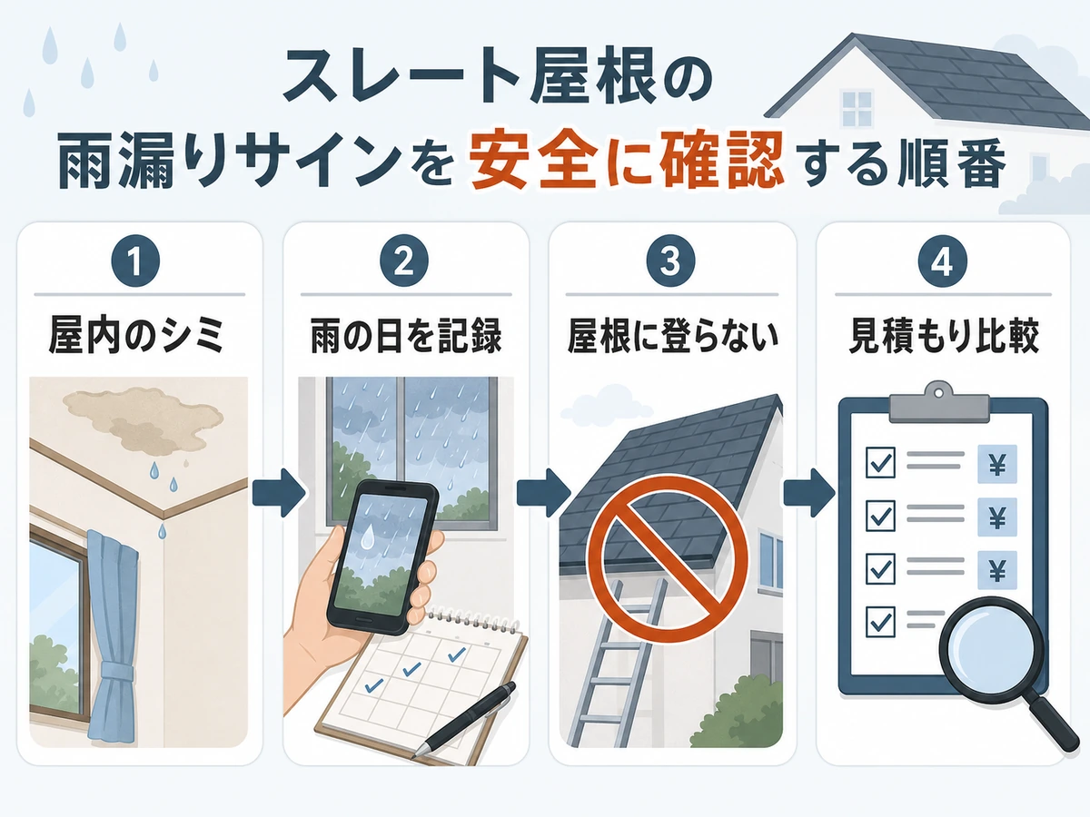 スレート屋根の雨漏りサインを屋内のシミ、雨の日の記録、屋根に登らない、見積もり比較の順に確認する図解