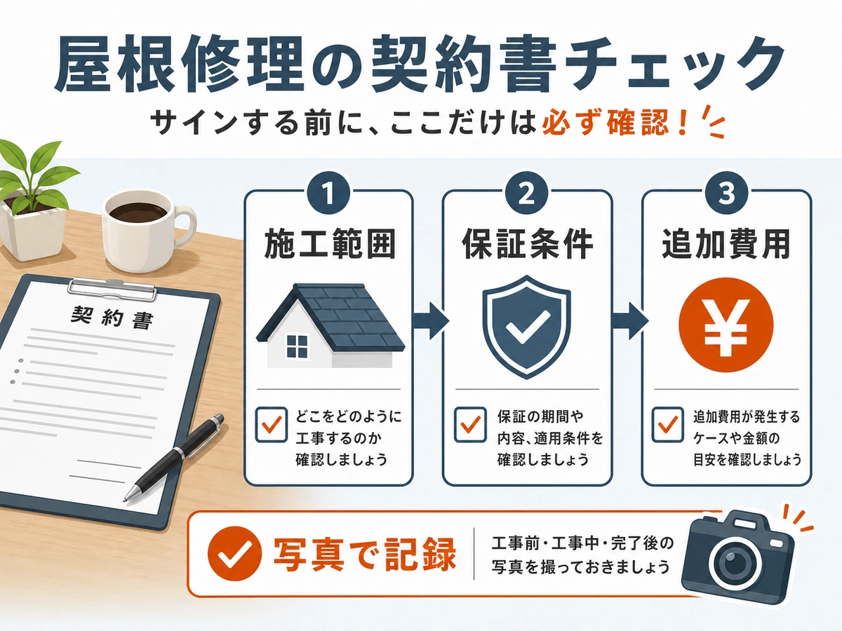 施工範囲、保証条件、追加費用、写真記録を確認する契約前チェック図