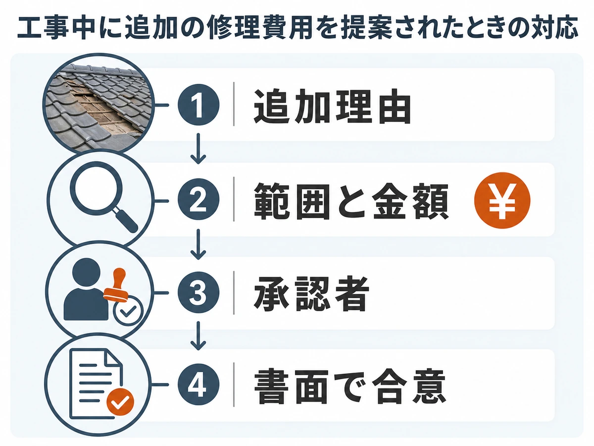 追加費用を提案された時に追加理由、範囲と金額、承認者、書面合意を確認する判断図