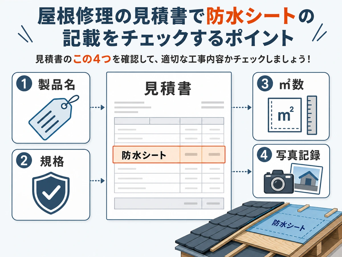 屋根修理の見積書で防水シート欄を確認する4項目の図解