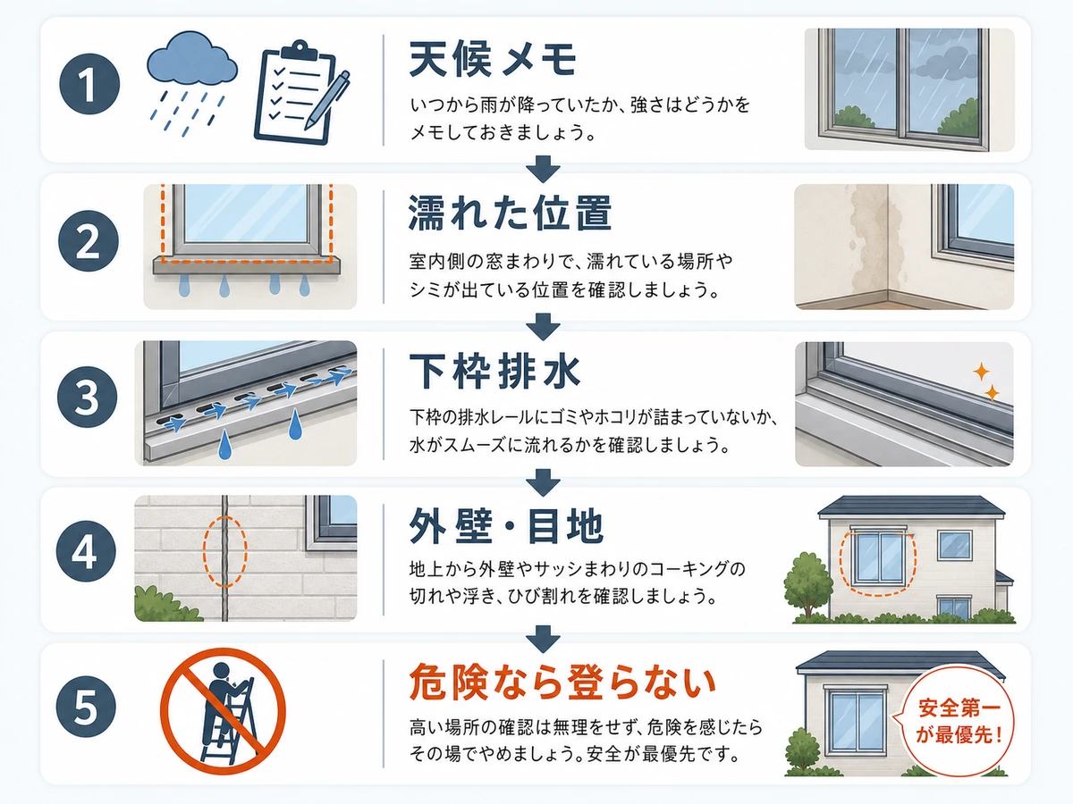 窓まわりの雨漏りで天候メモ、濡れた位置、下枠排水、外壁目地を確認する流れ