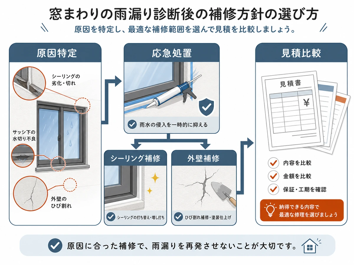窓まわり雨漏りの原因特定後に応急処置、シーリング補修、外壁補修、見積比較へ進む流れ