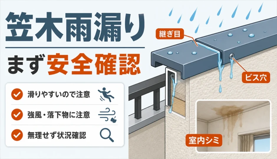 ベランダ笠木の雨漏りで安全確認を促す図解