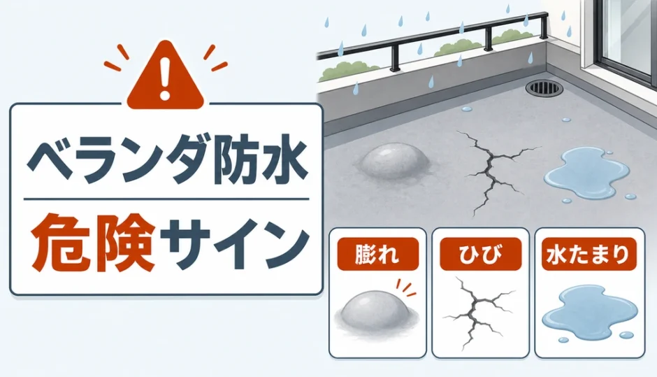ベランダ防水の膨れ、ひび、水たまりを示す危険サインの図