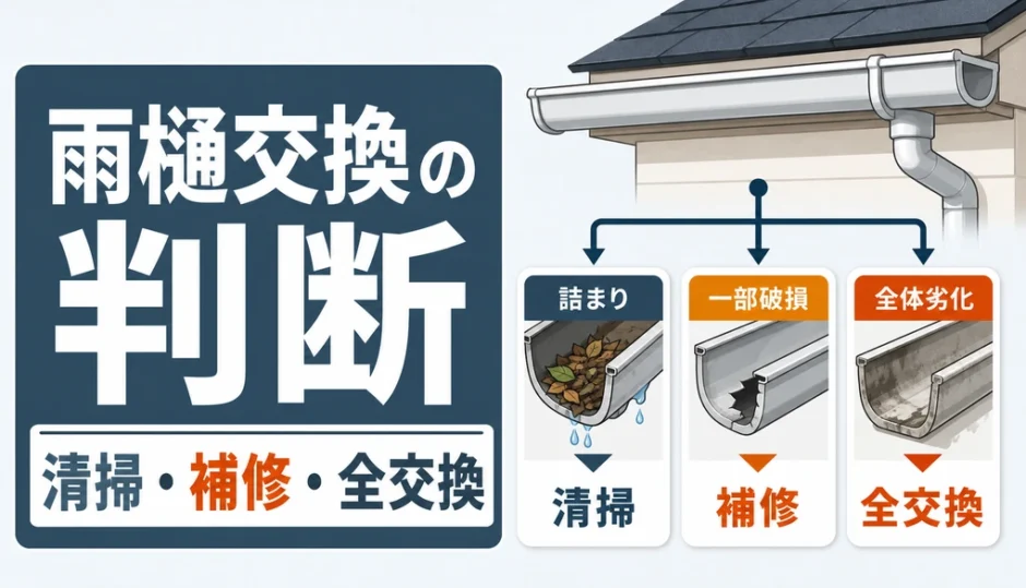 雨樋交換の判断を清掃・補修・全交換に分けて示すサムネイル