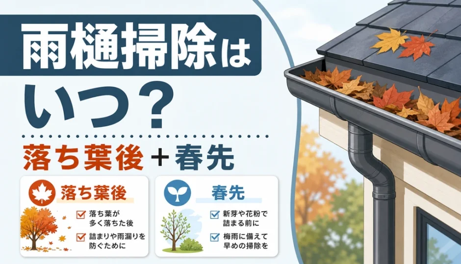雨樋掃除はいつ行うかを落ち葉後と春先で示す図解