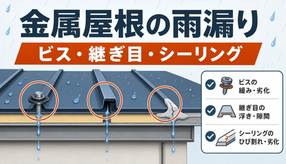 金属屋根の雨漏りでビス・継ぎ目・シーリングの原因箇所を示す図解
