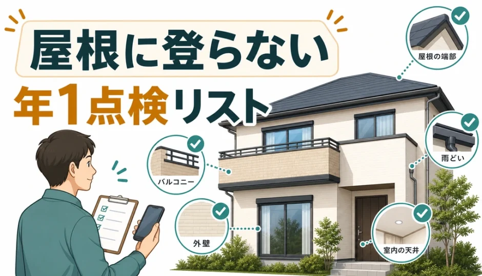 屋根に登らない年1回の雨漏り予防点検リストを示す図解