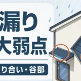 庇、取り合い、谷部の雨漏りしやすい弱点を示す図解