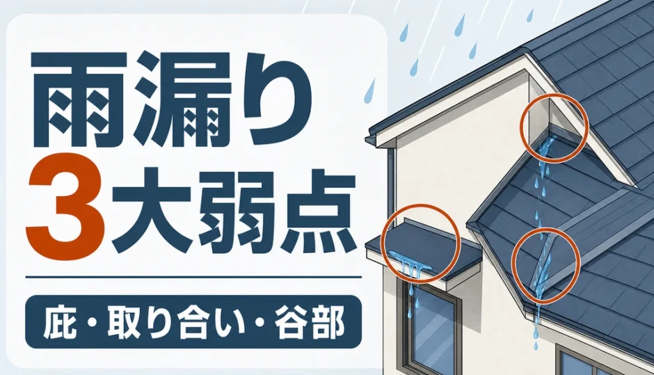 庇、取り合い、谷部の雨漏りしやすい弱点を示す図解