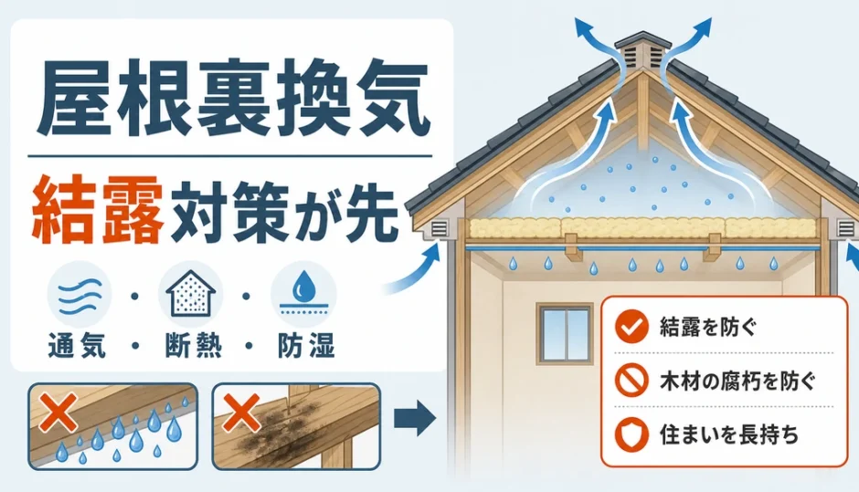 屋根裏換気で結露と腐朽を防ぐための通気・断熱・防湿の図解