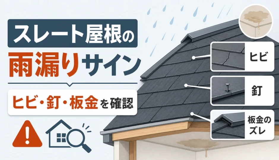 スレート屋根の雨漏りサインとしてヒビ、釘、板金を確認するイメージ