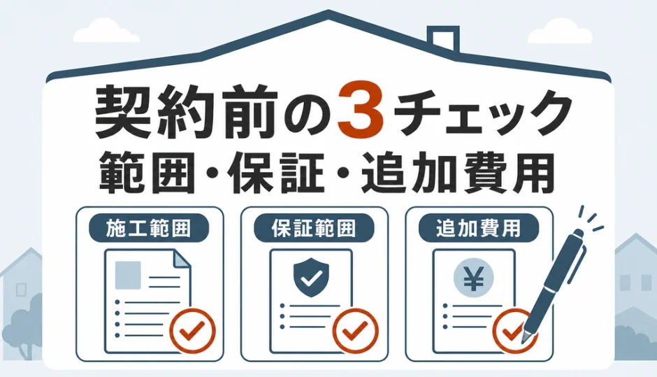 屋根修理の契約前に施工範囲、保証、追加費用を確認する図解