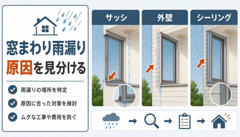 窓まわり雨漏りの原因をサッシ、外壁、シーリングで見分ける図解
