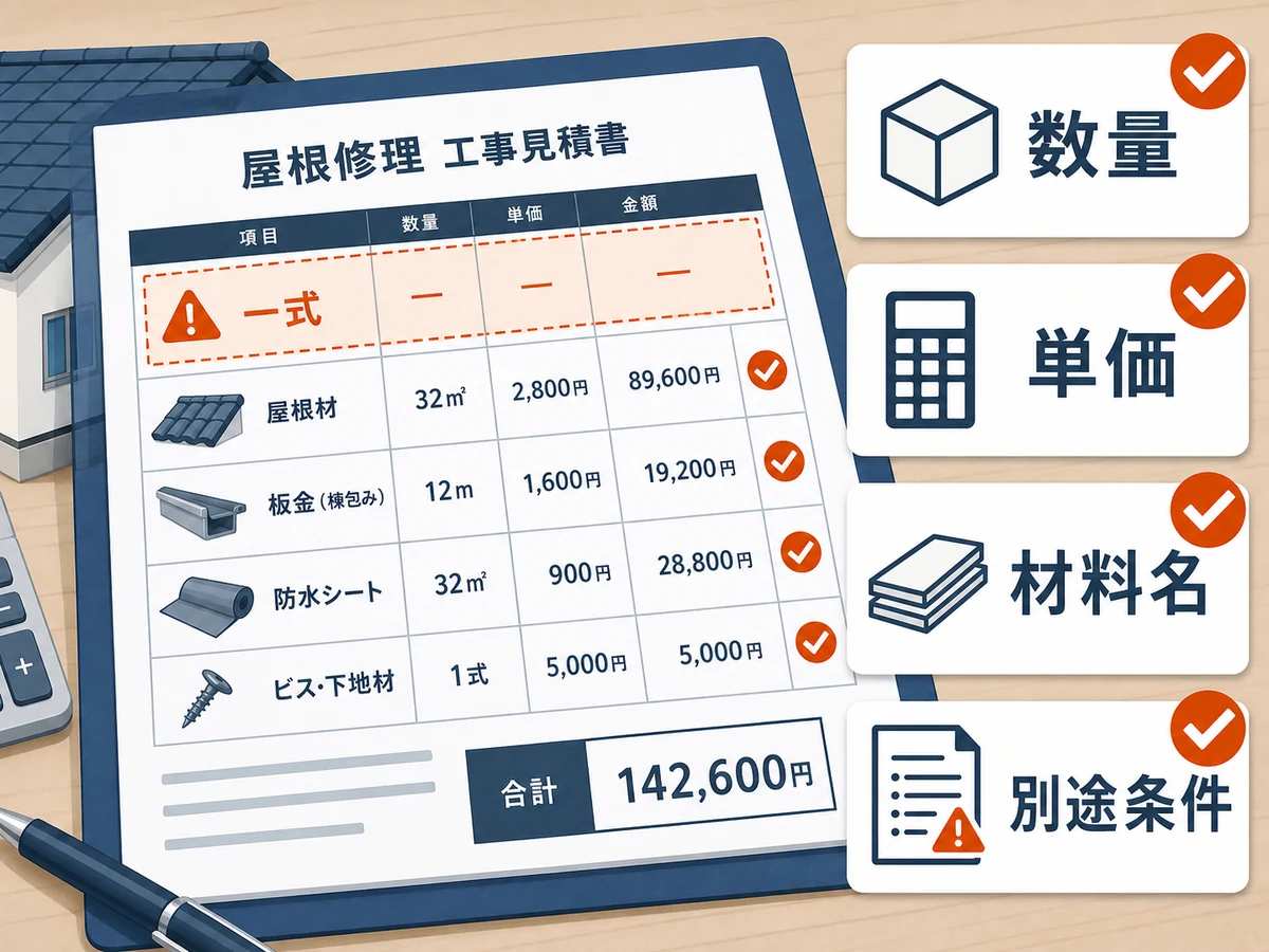 屋根修理見積書の数量・単価・材料名・別途条件を確認する図