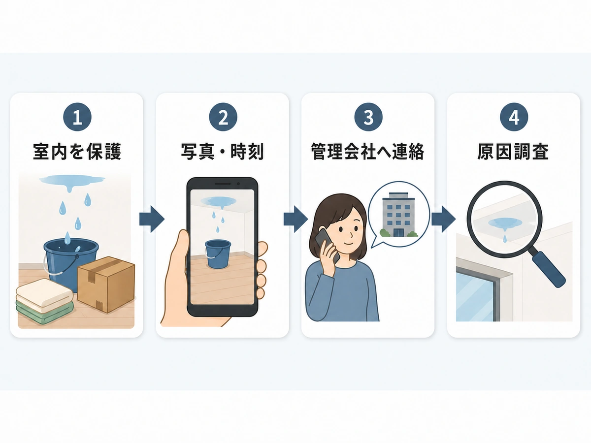 上階から水が来たときの室内保護、記録、管理会社への連絡、原因調査の流れ