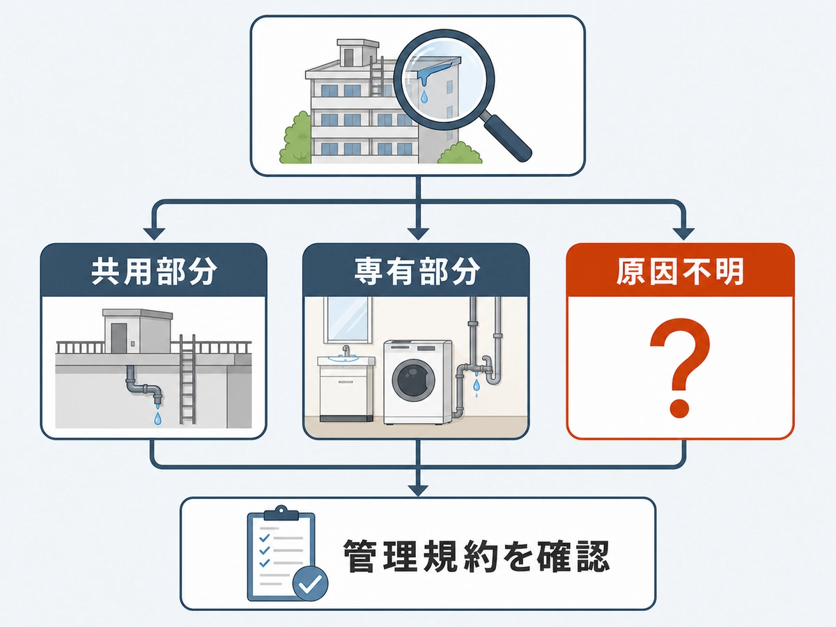 マンション漏水の原因を共用部分、専有部分、原因不明に分けて管理規約を確認する図