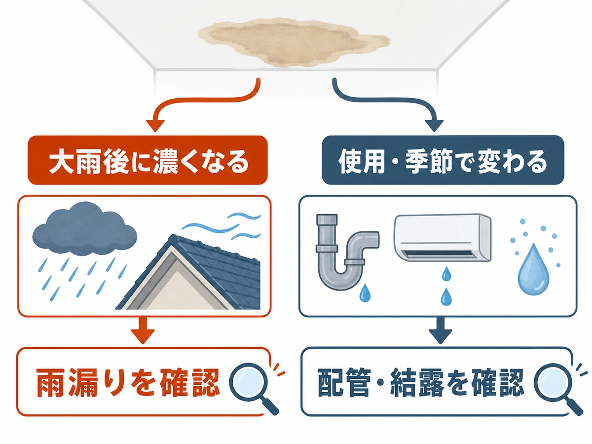 大雨後だけと常時の天井シミを原因候補へ分ける判断フロー