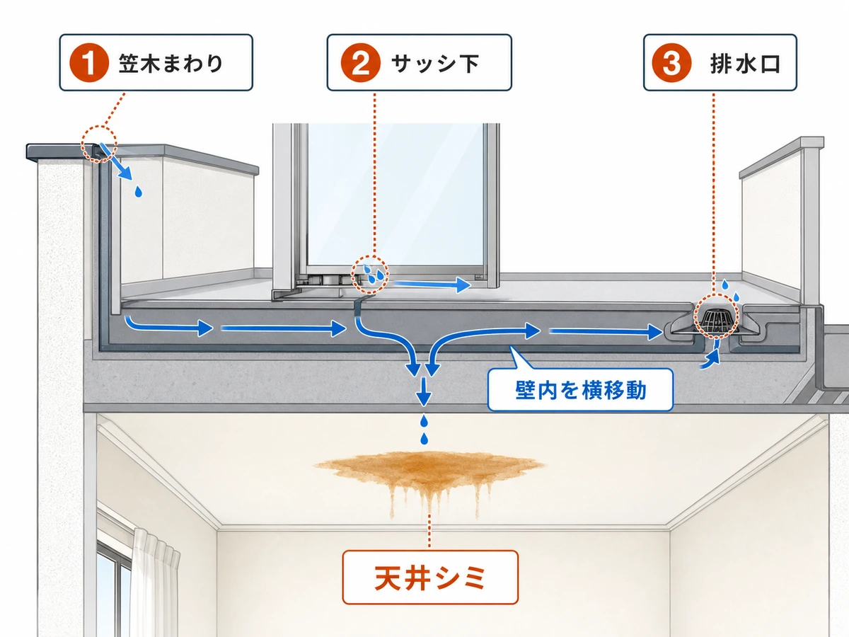 笠木まわり、サッシ下、排水口から入った雨水が壁内を横移動して天井シミへ現れる3経路