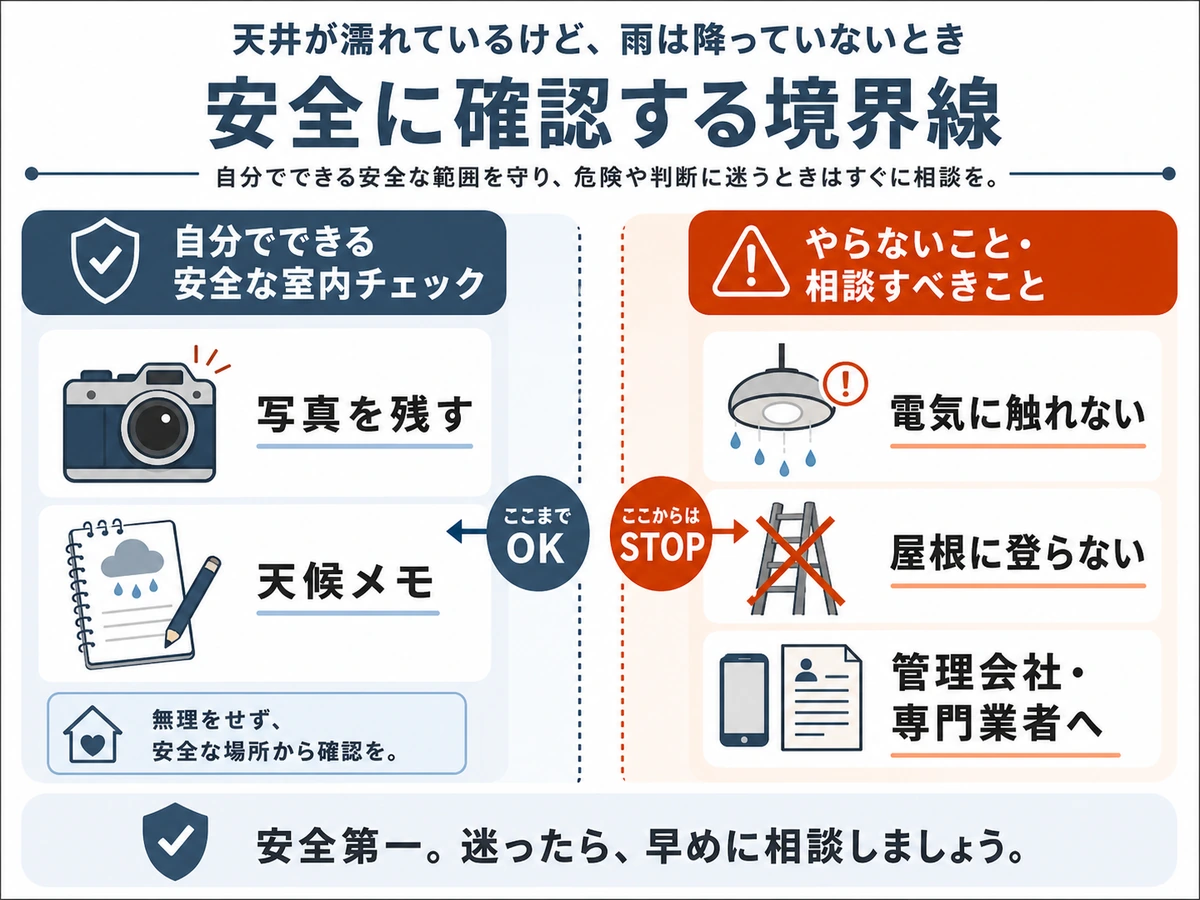 天井の濡れで自分で確認できる範囲と避ける作業を示す安全チェック図