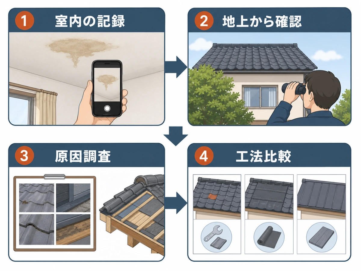 室内の記録、地上からの確認、原因調査、工法比較の順番